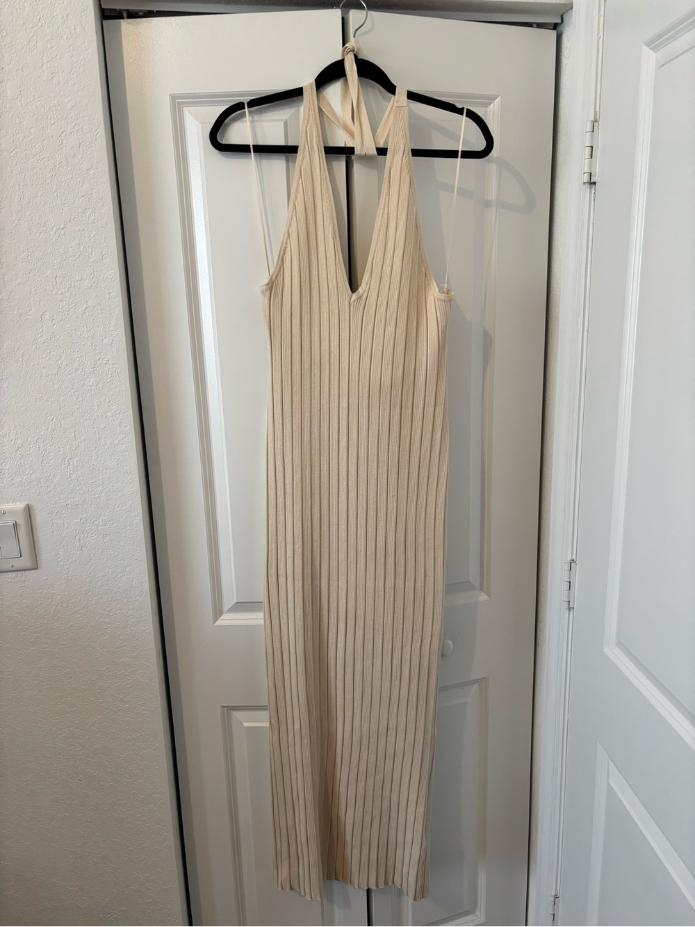 Sleeveless Ribbed Halter Maxi Dress in Beige